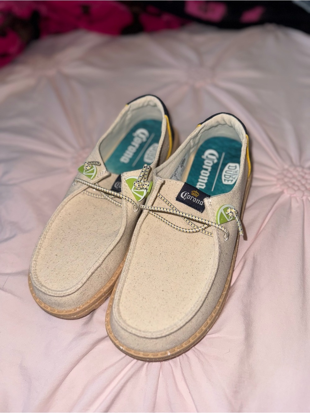 Corona Beige Canvas Slip-Ons with Yellow and Green Accents